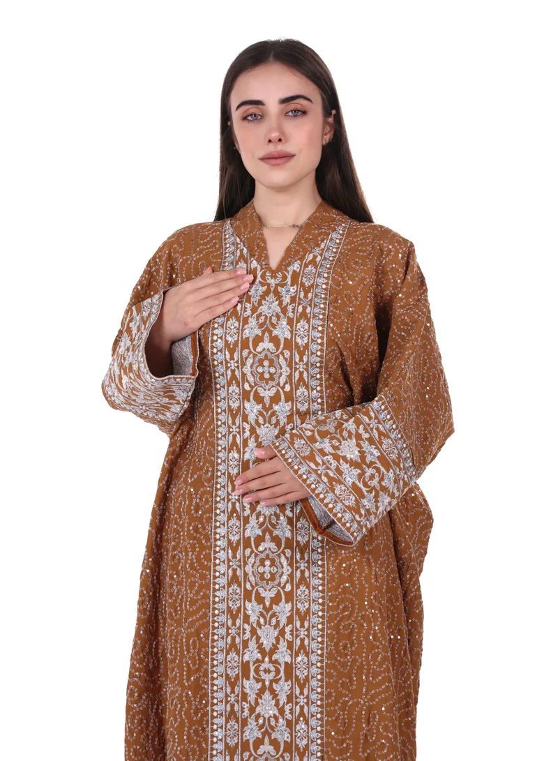 AL BENT AL SHARQIEH brown Embroidered Linen Jalabiya dress with unvisible belt for Women | Best Price UAE